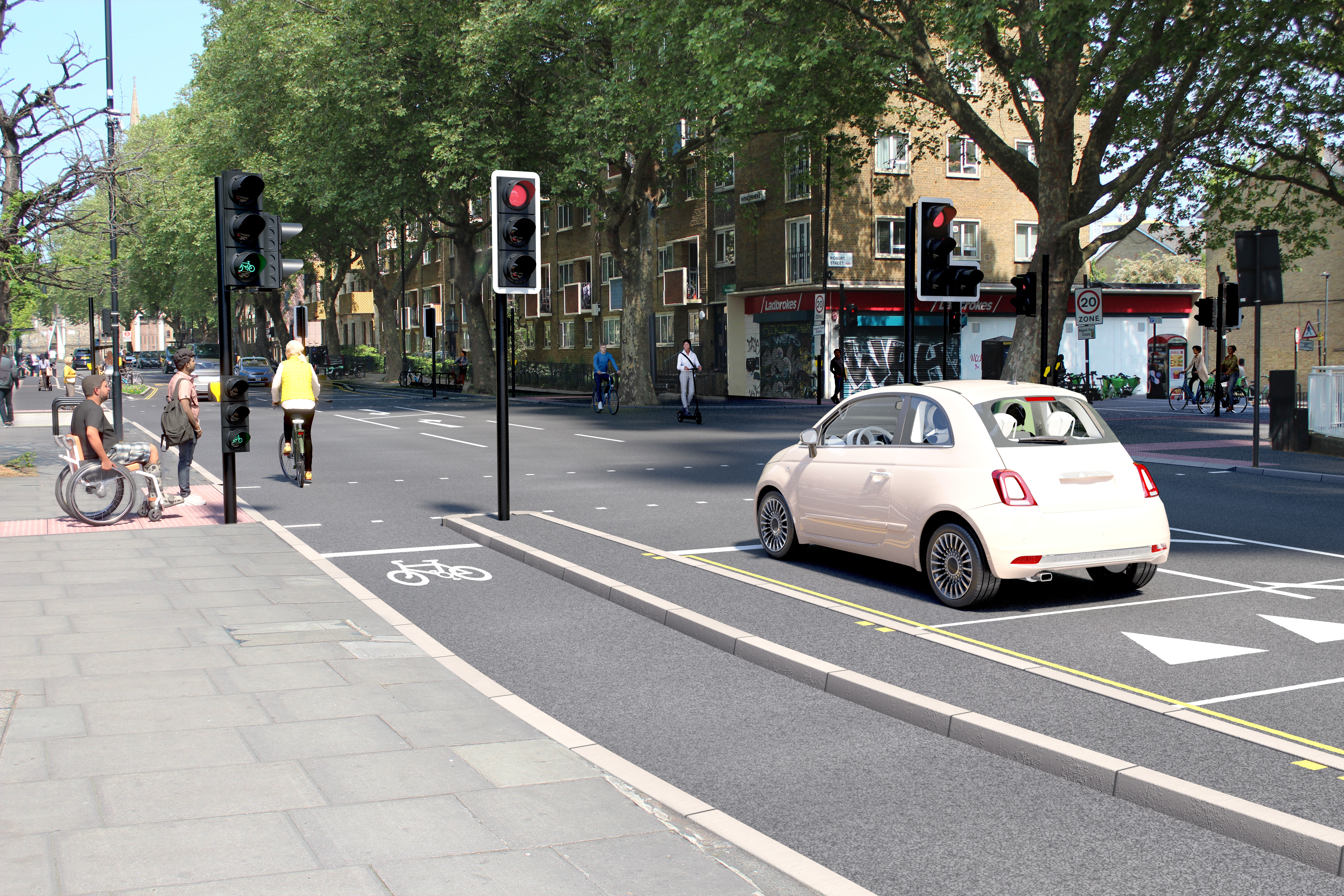 Visualisation of Albany Street facing northbound by the Robert Street Junction, showing the cycle track, new traffic lights, crossings and greening