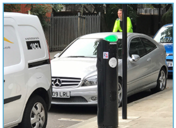 A Source London charge point where a column sits in the pavement 