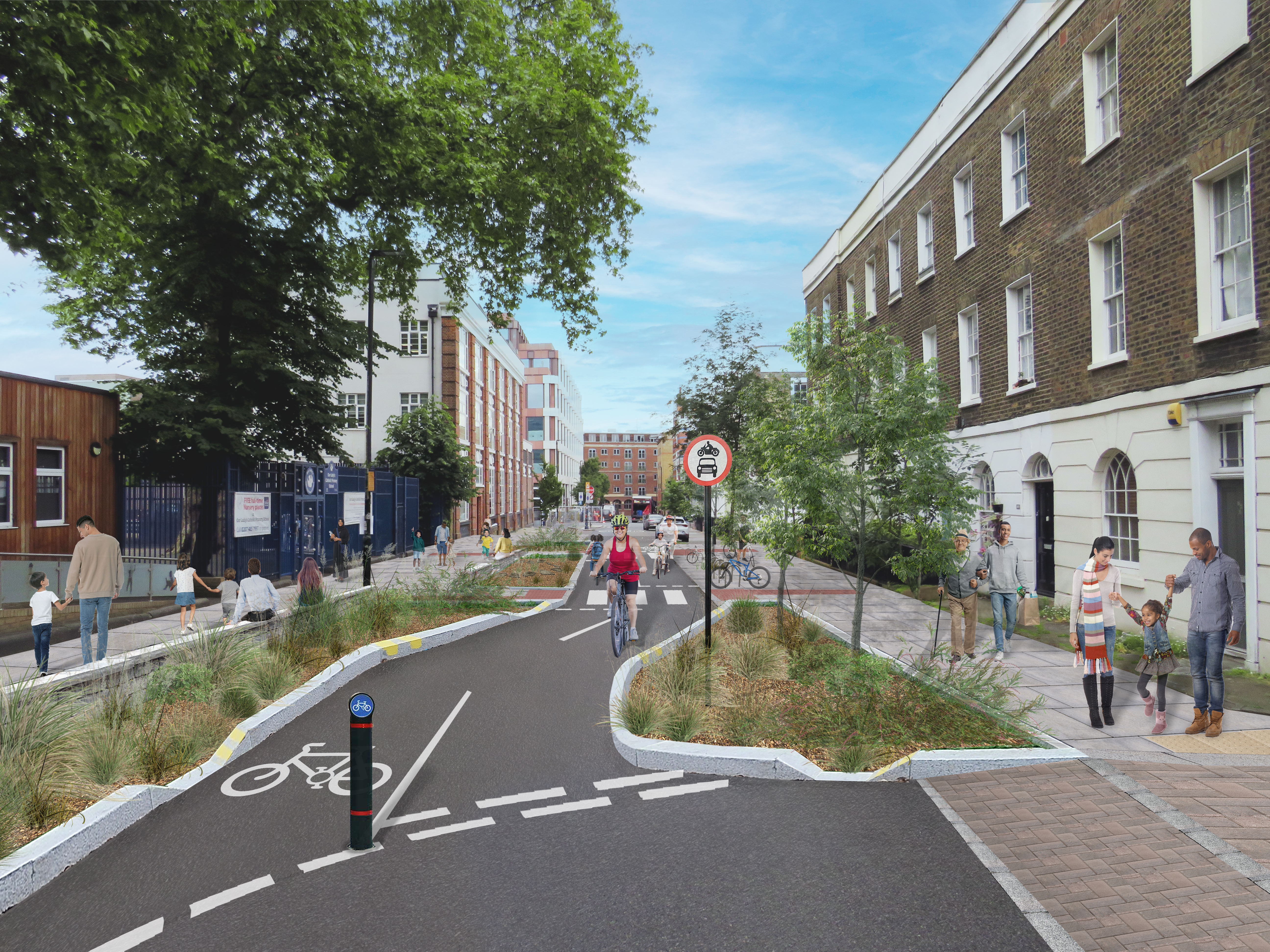 visualisation of a proposed street with a person cycling through a street closed to traffic with planting 