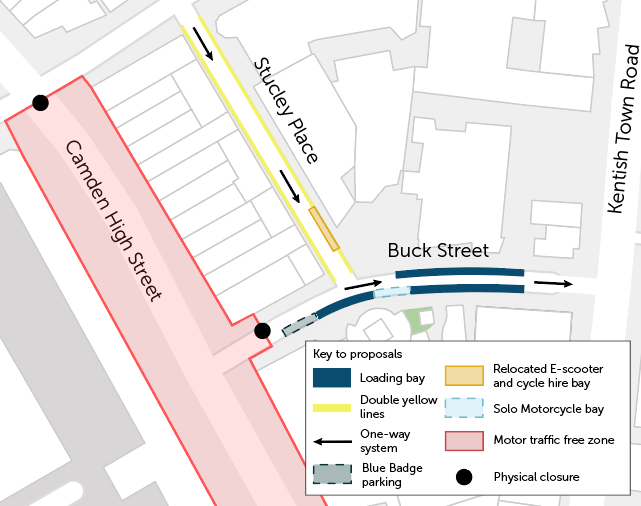 Map of Buck Street with proposed changes to loading and delivery - to have this map verbally explained call us on 0207 974 4444