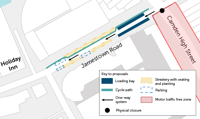 Map of proposed changes to Jamestown Road - to have this map verbally explained call us on 0207 974 4444