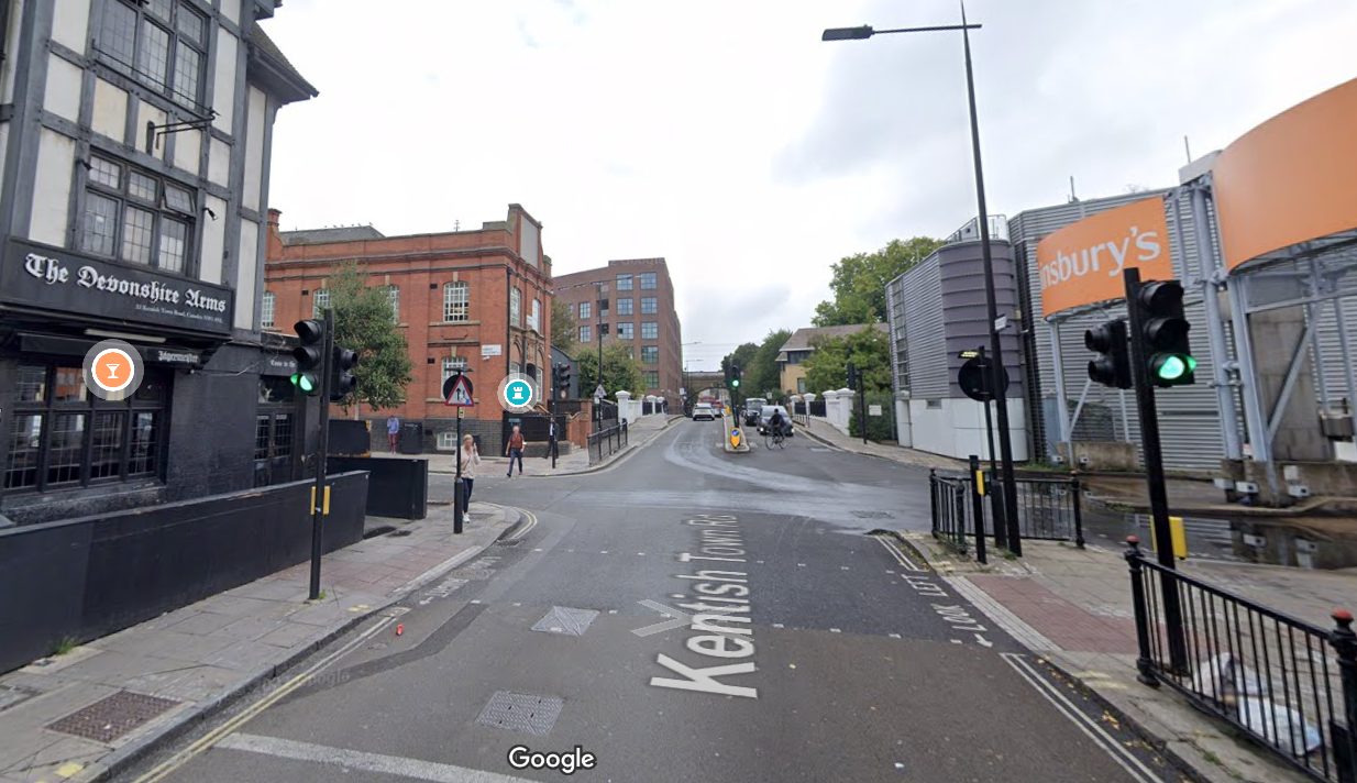 IMage of KEntish Town road junction with Sainsburys on the right hand side