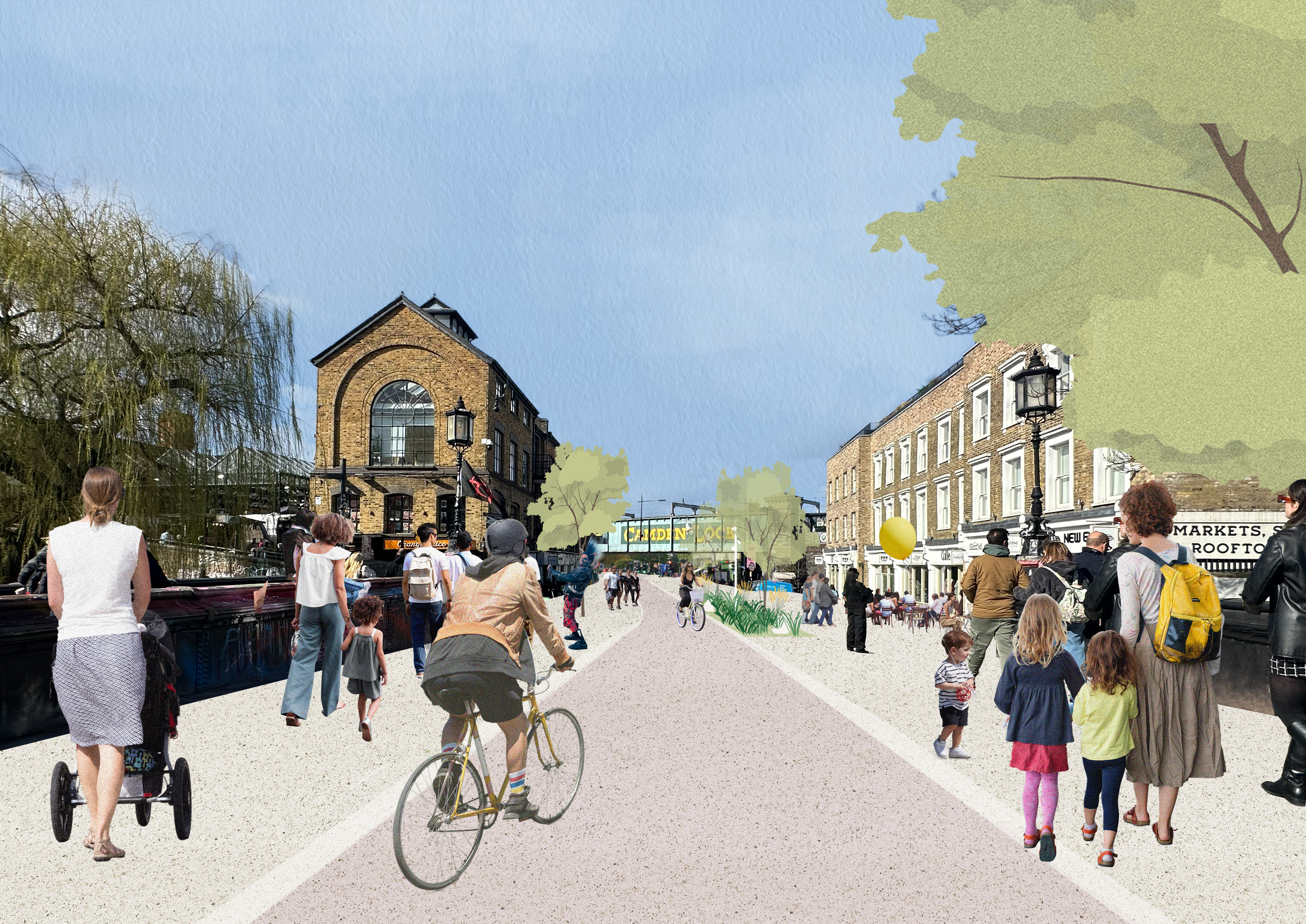 Visualisation of how the area over the bridge on Camden High street could look without cars people are walking and cycling in the area