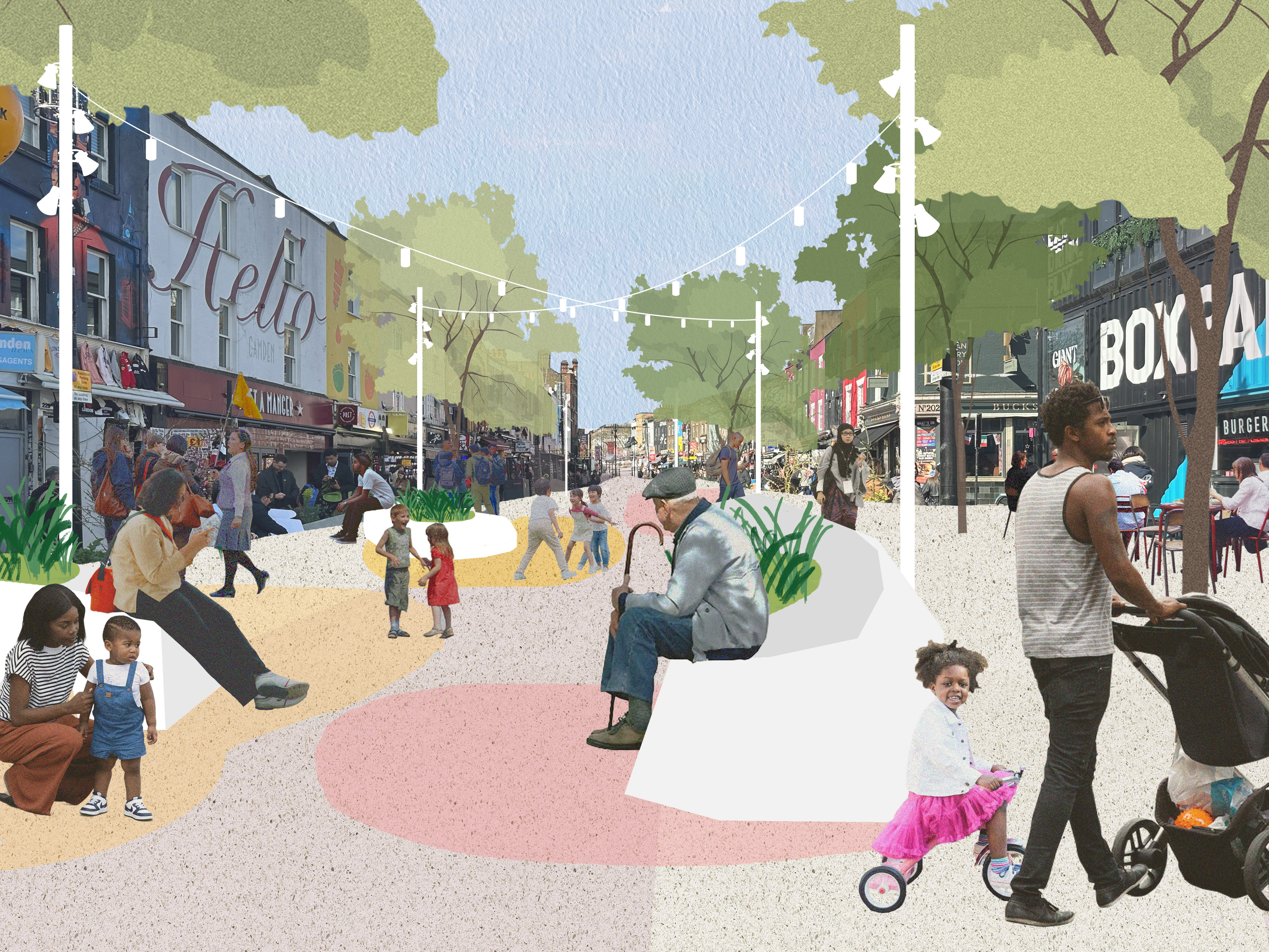 Visualisation of how the centre of Camden High Street could look with coloured surfaces seating and plants