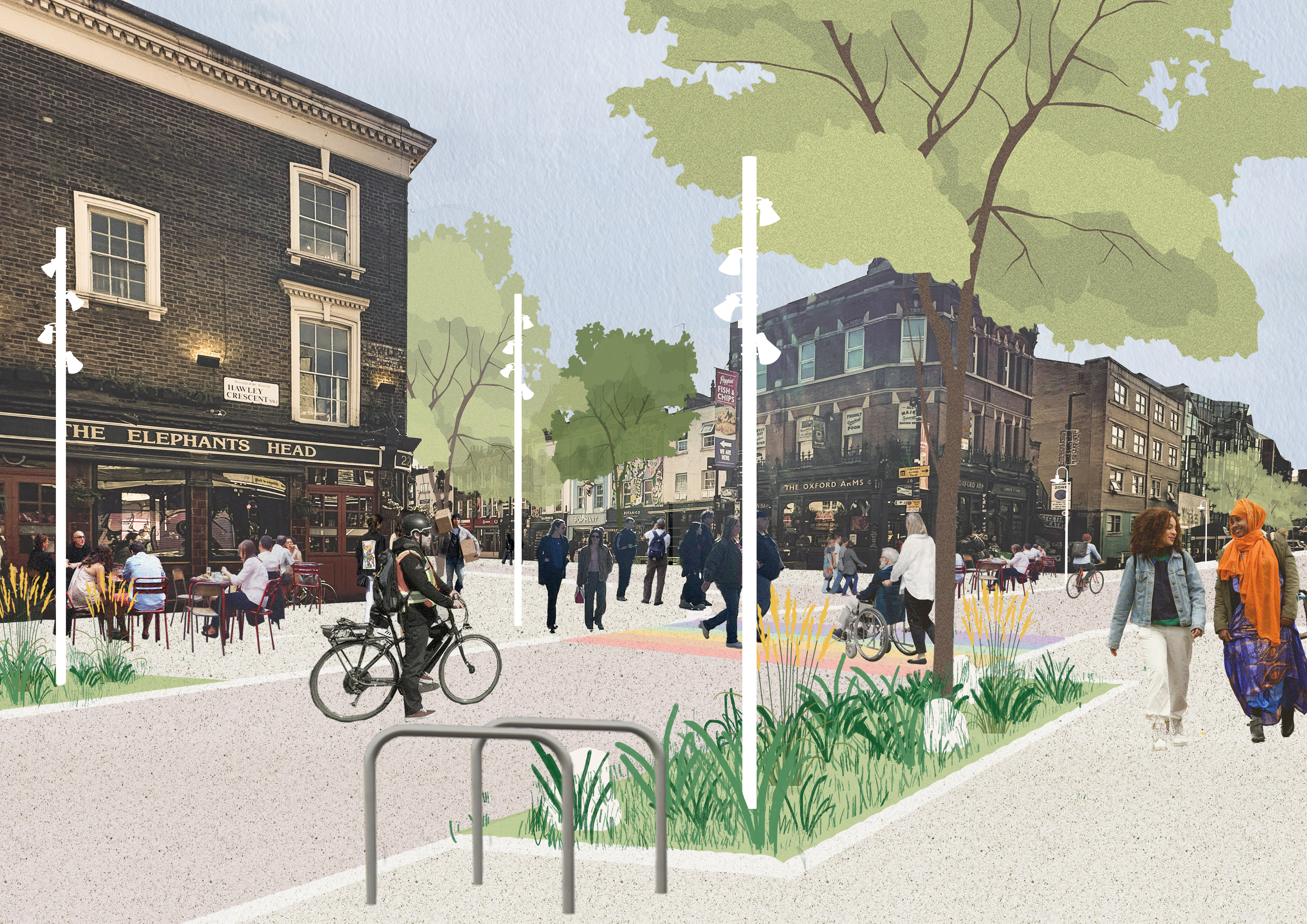 Visualisation of Hawley Crescent with people walking and wheeling through the area
