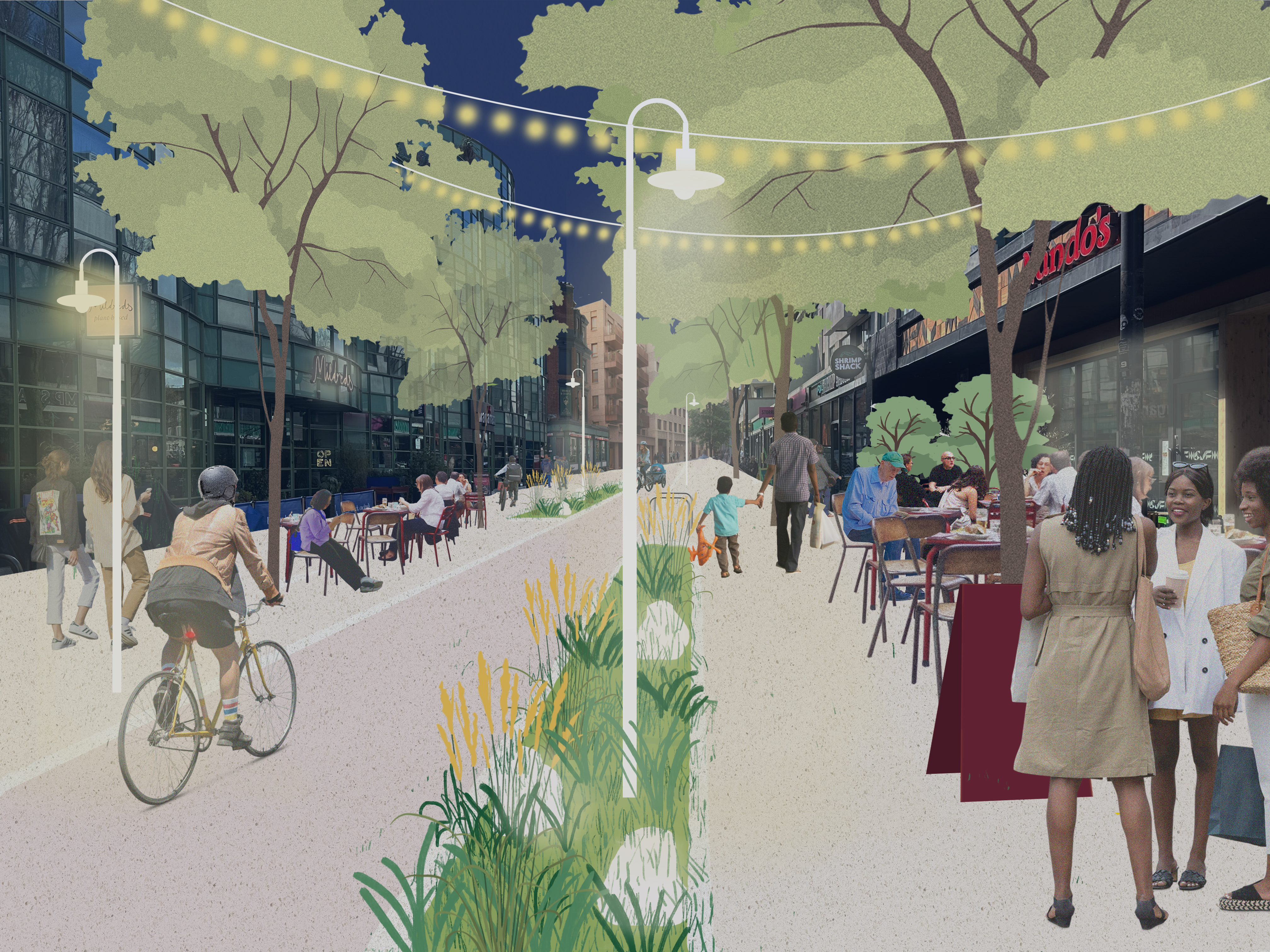 Visualisation of Jamestown Road at night with people eating outside and walking and cycling through the area