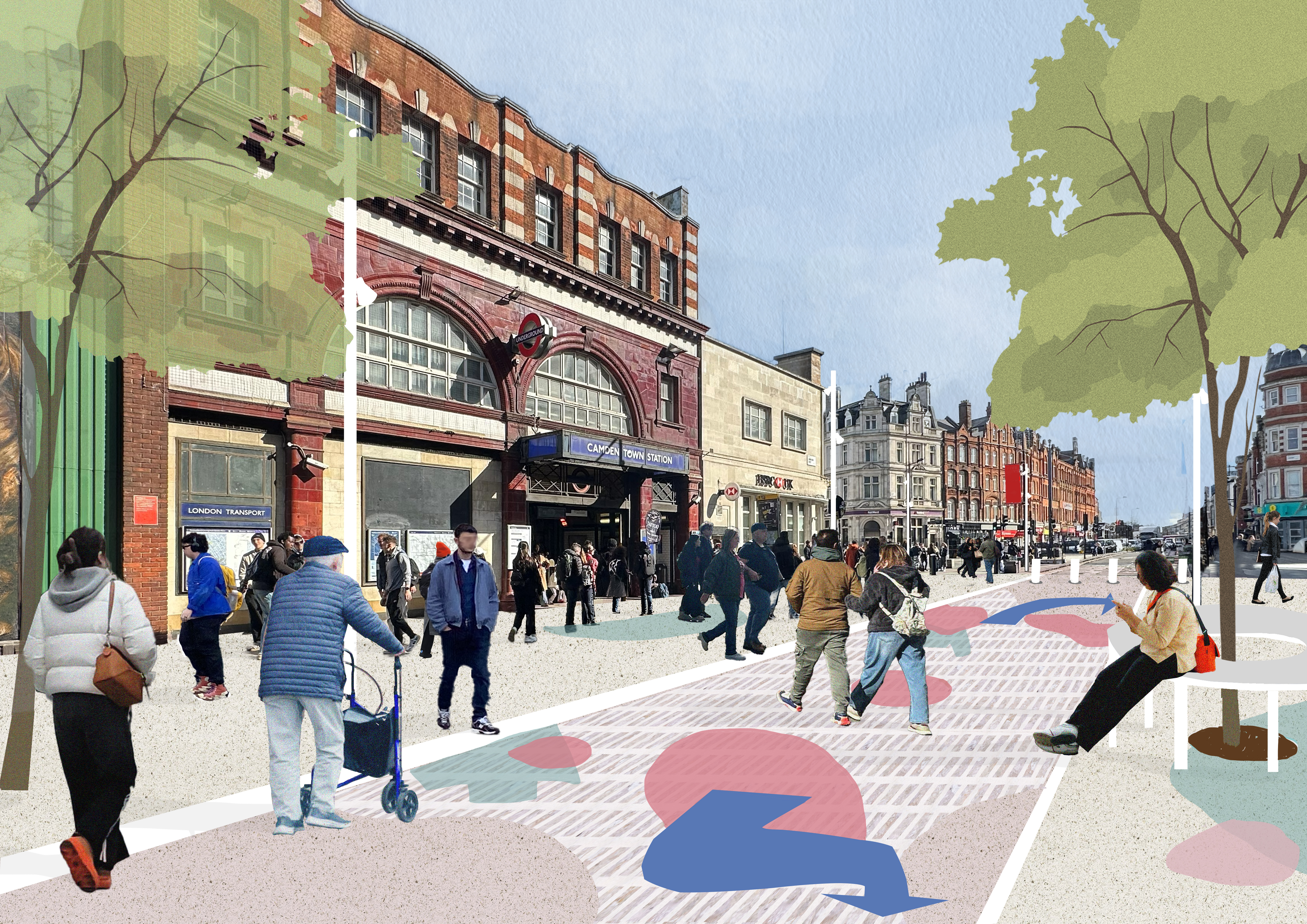 visualisation of how the area outside the station could look with bollards closing the street, a painted surface and seating