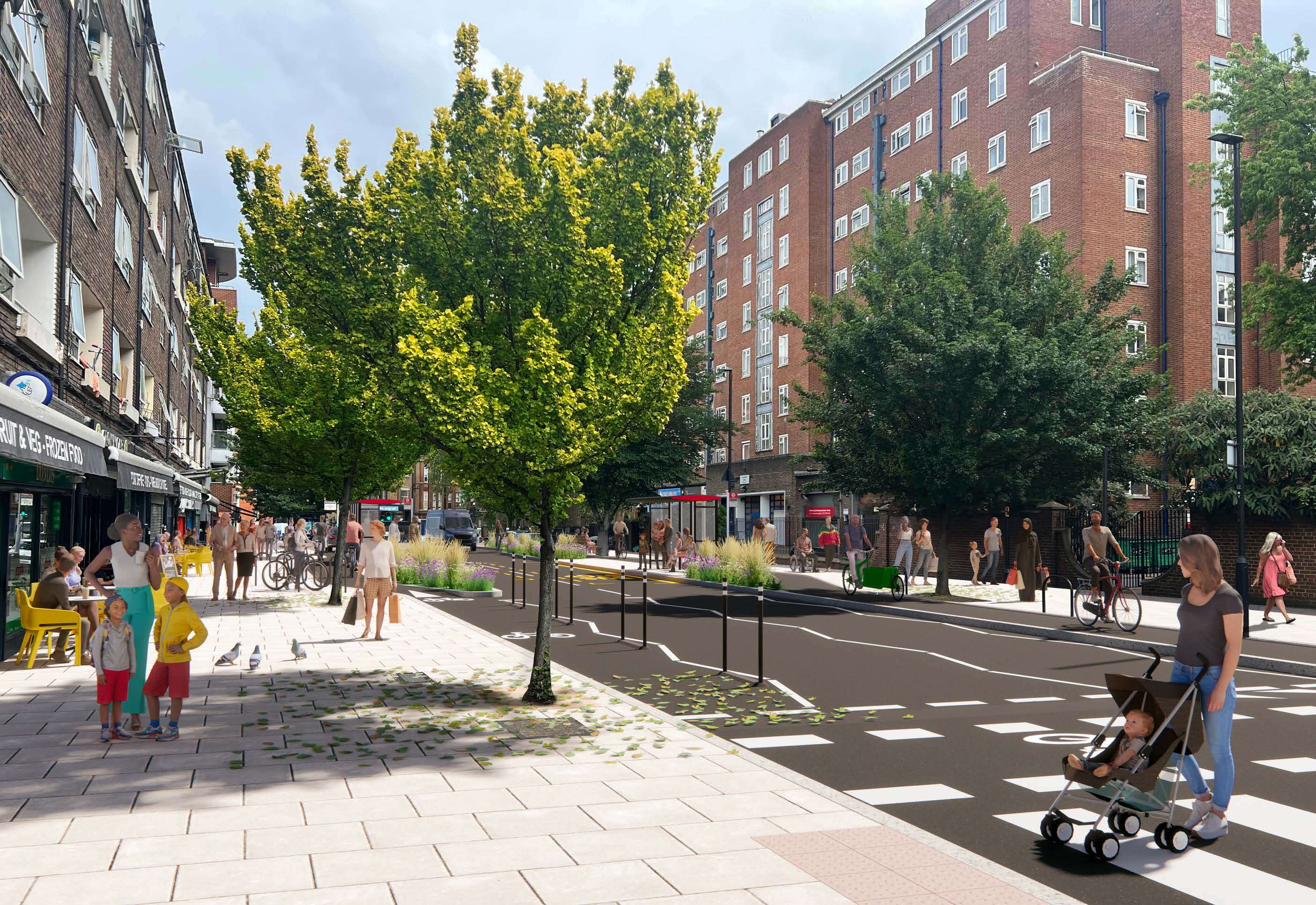 Visualisation of the project proposals with trees, wide pavements and a zebra crossing