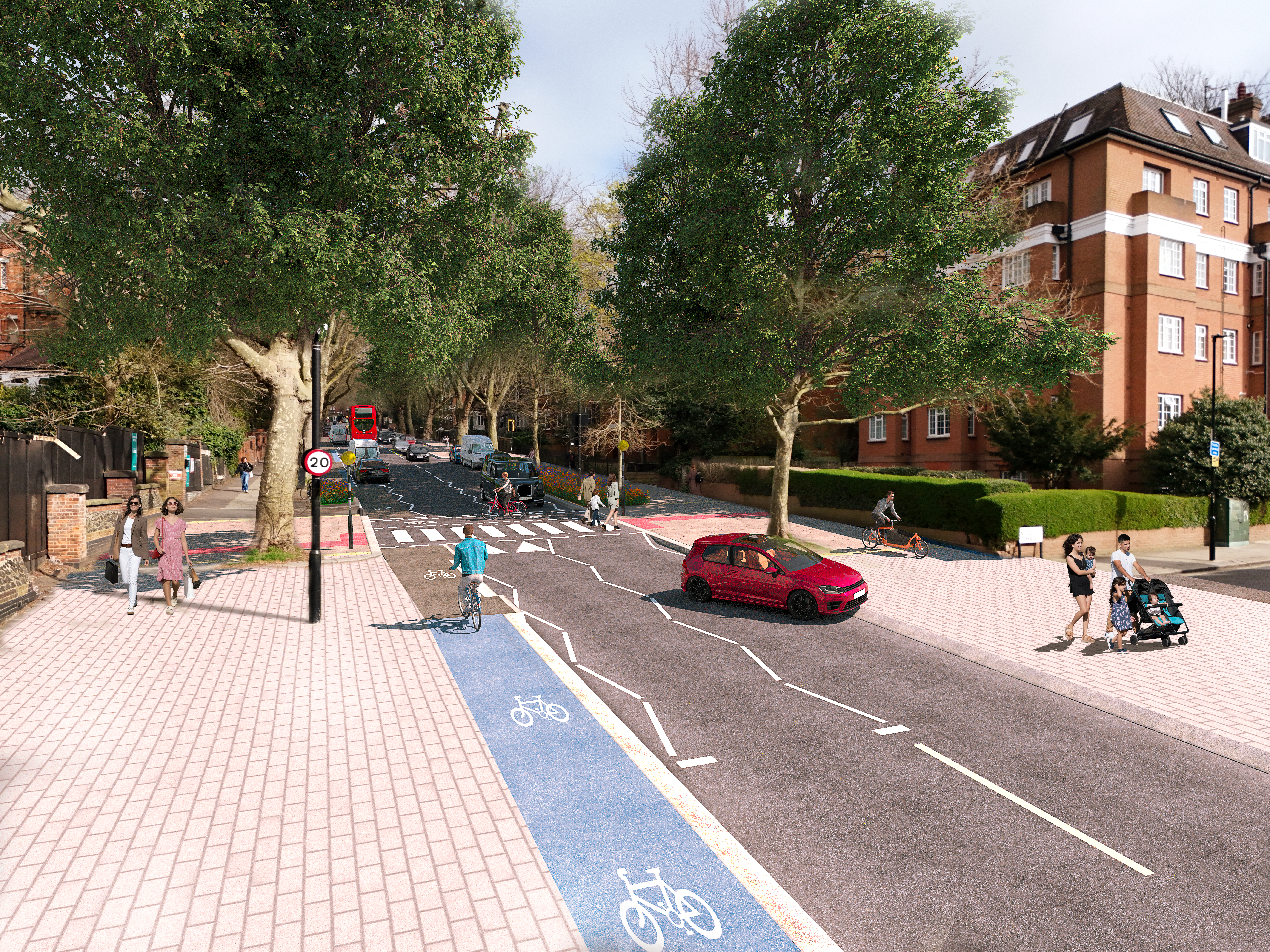 visualisation Fitzjohn’s Avenue south of the junction with Nutley Terrace, looking northbound. Image shows the segregated northbound cycle track, improved raised “parallel” zebra crossing and continuous pavements.