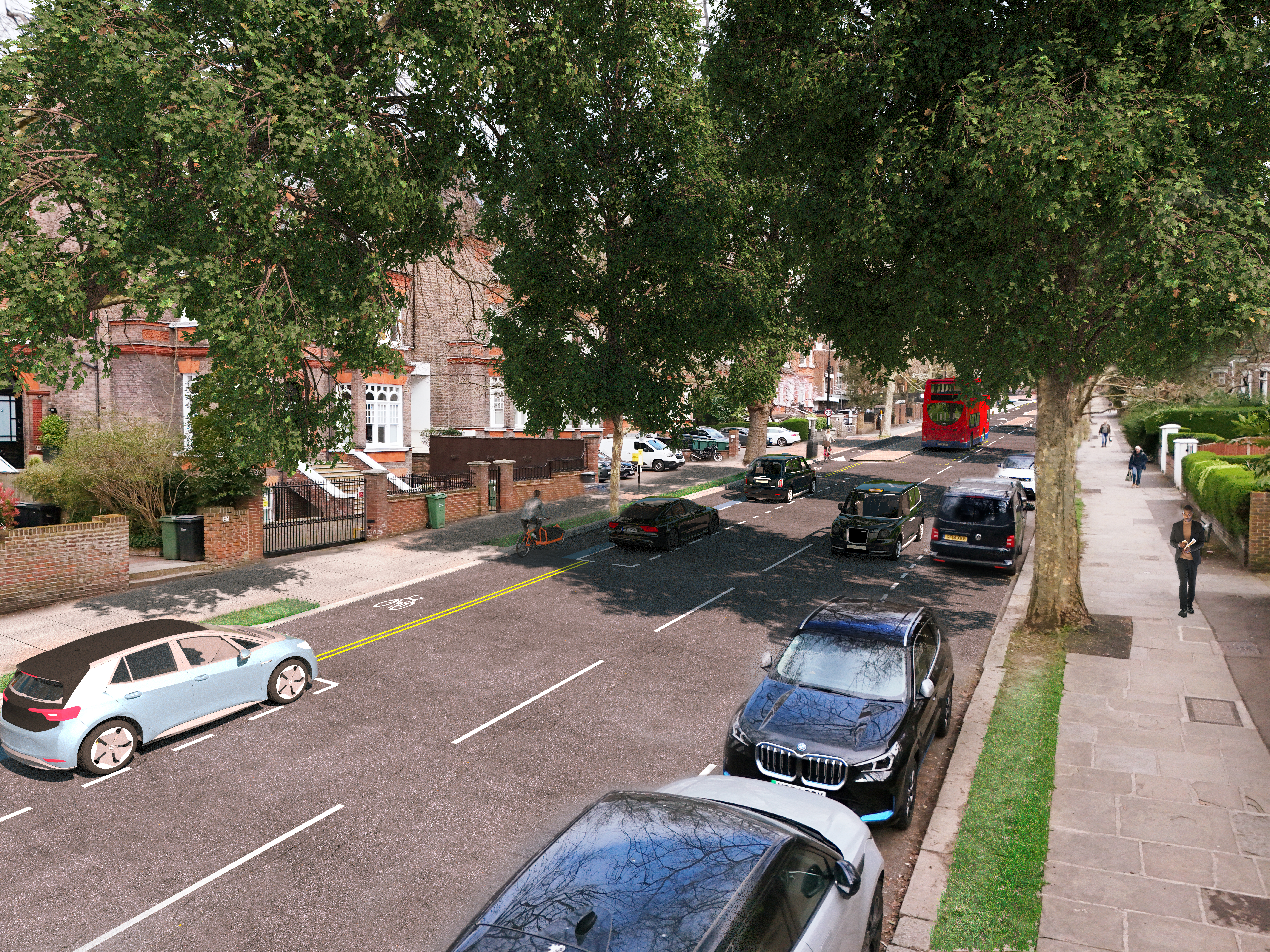 visualisation Outside no.23 Fitzjohn’s Avenue, looking northbound showing floating parking bays and the segregated northbound cycle track.