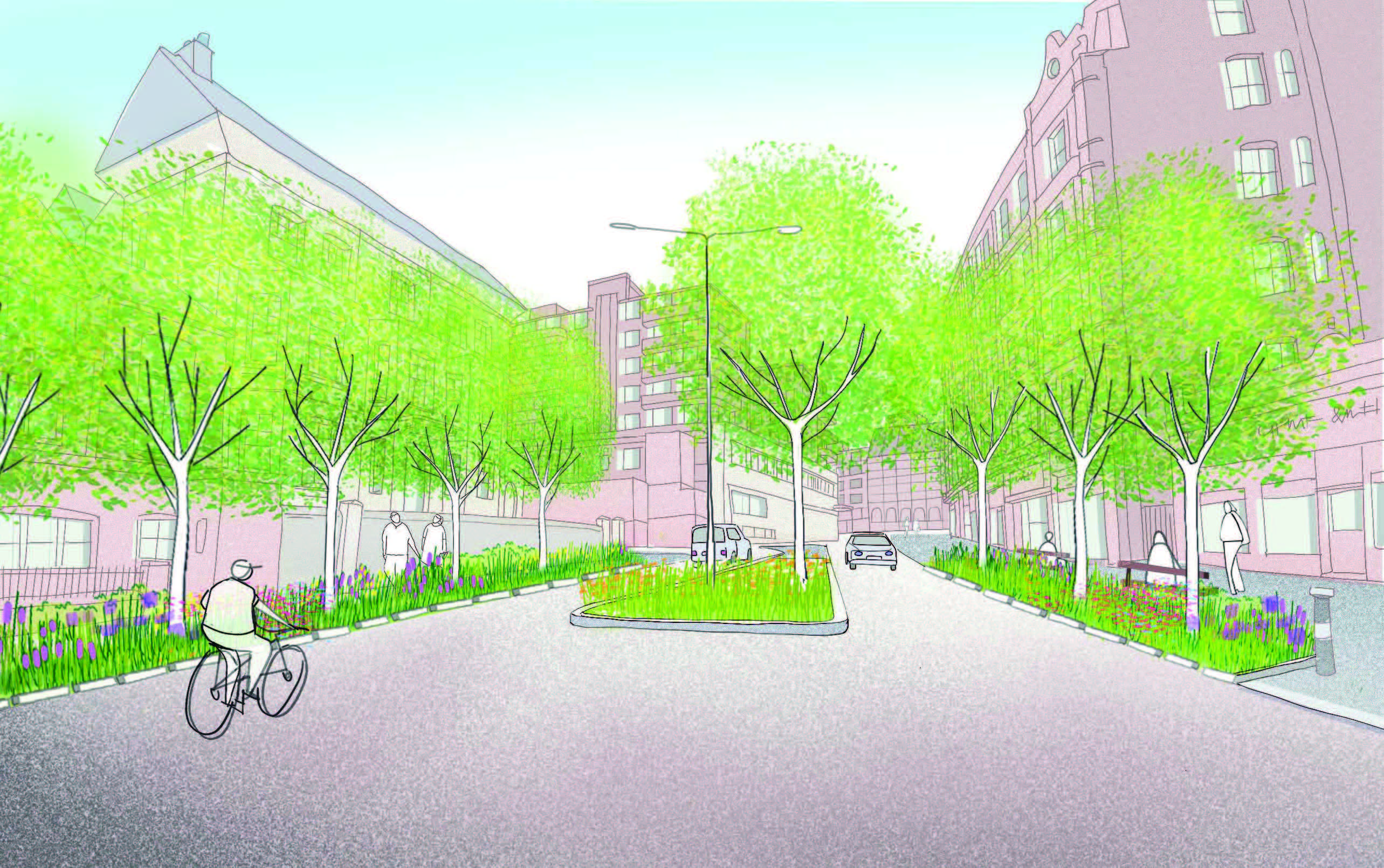 Visualisation of Goldhurst Terrace with black pavement replaced by trees and planting