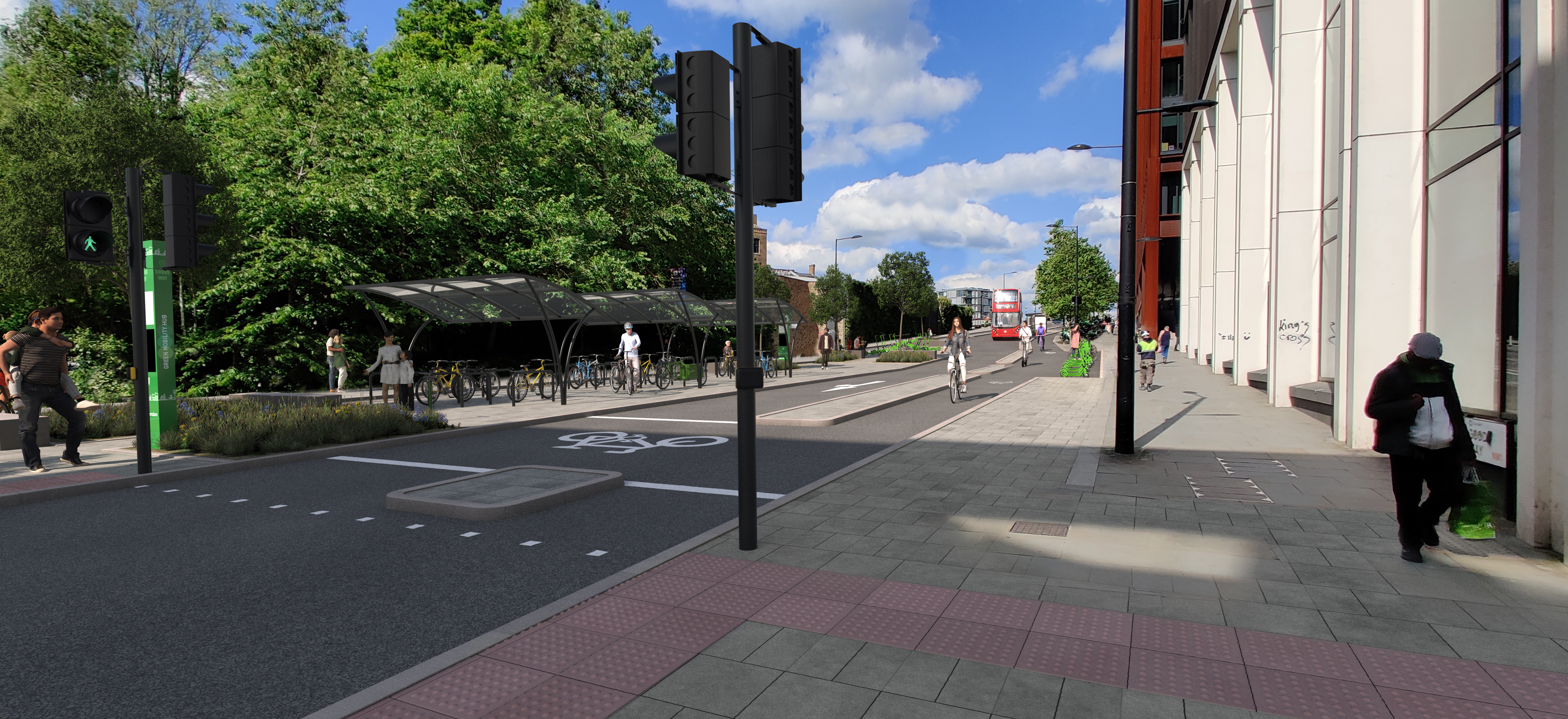 Visualisation of proposed changes on Goods Way, including kerb-separated cycle tracks, a new mobility hub with sheltered cycle parking, a cycle tool, expanded e-bike and scooter parking, as well as a new bus stop.