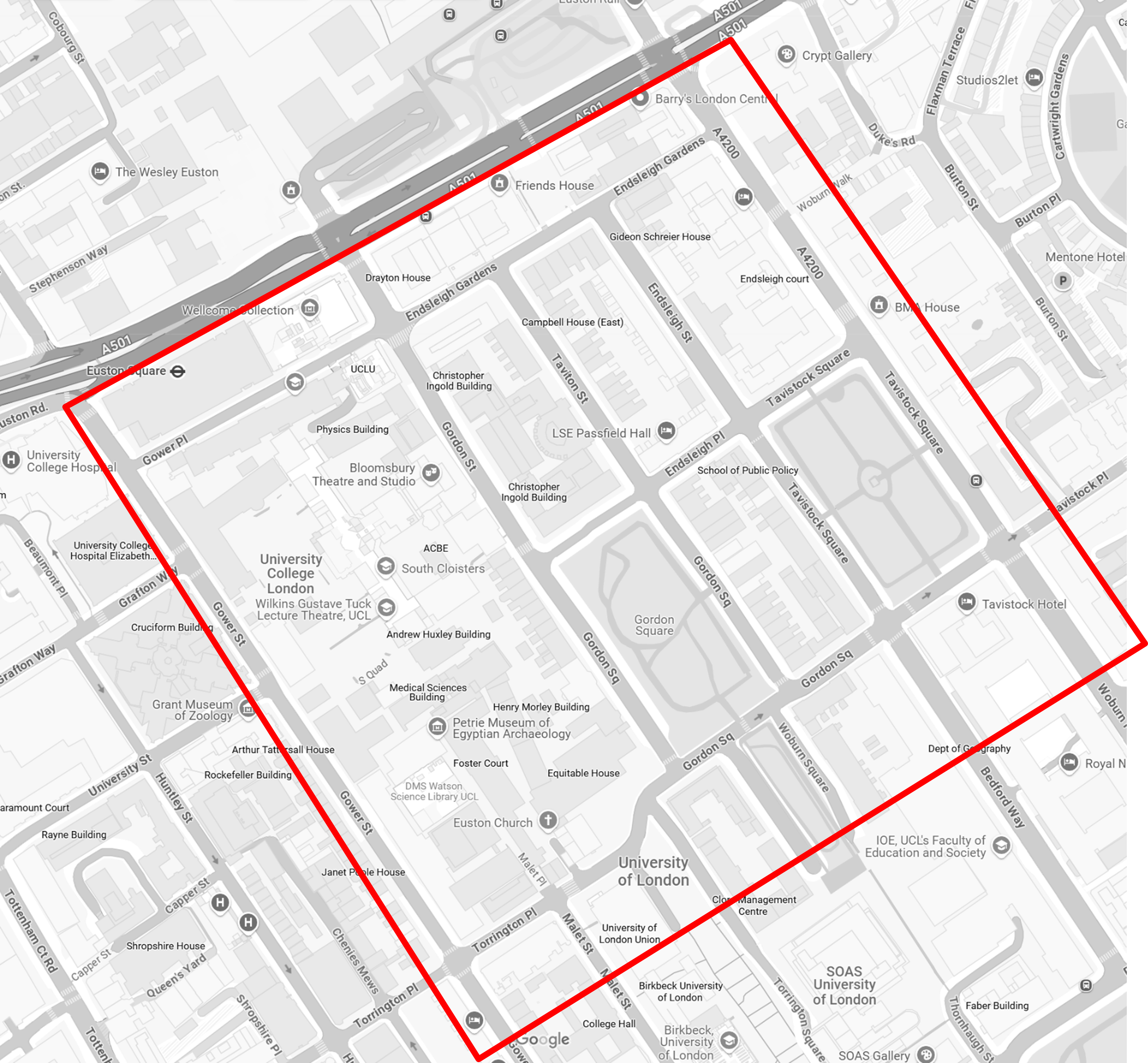 Map of the area with the project area marked as a red square to have this verbally explained contact us on 0207 974 4444