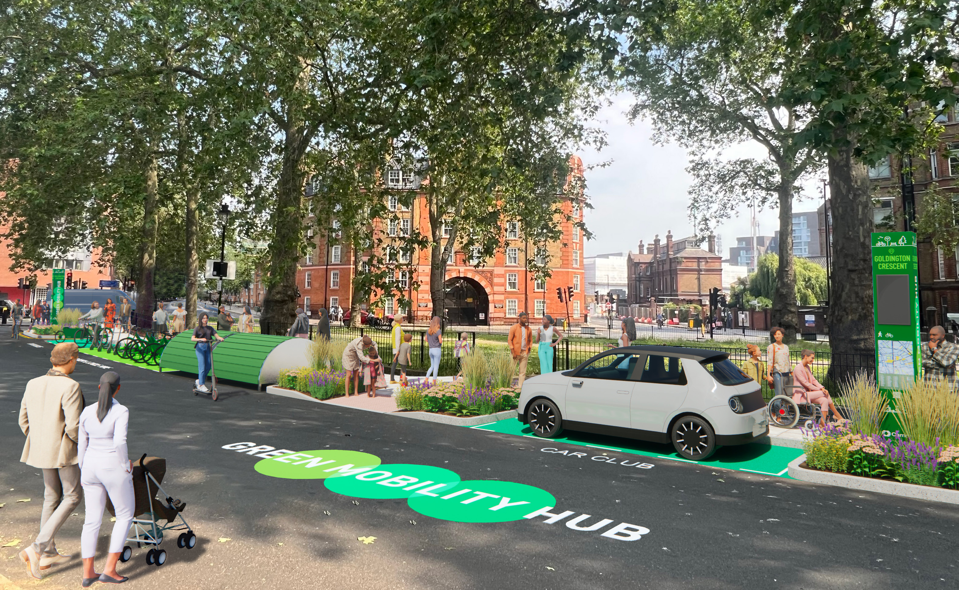 visualisation of a green mobilty hub with bike parking, hire bikes, plants, a car club bay and direction information