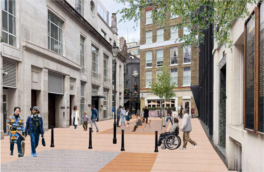 Visualisation of Gate Street with a pedestrianised area with people sitting in the space
