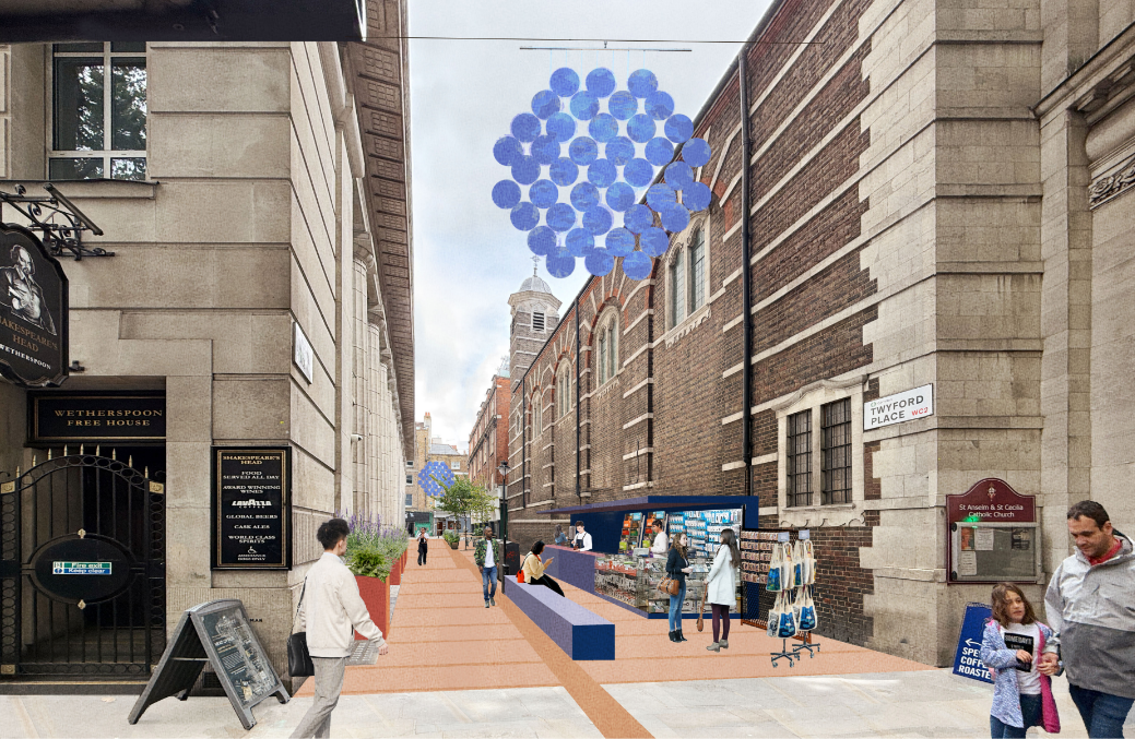 visualisation of the area with a pedestrianised area - including seating and a kiosk