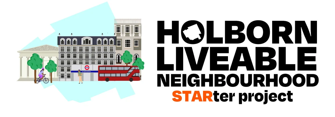 Holborn Liveable Neighbourhood Starter project logo - which includes cartoon images of local landmarks and the star in starter is coloured orange