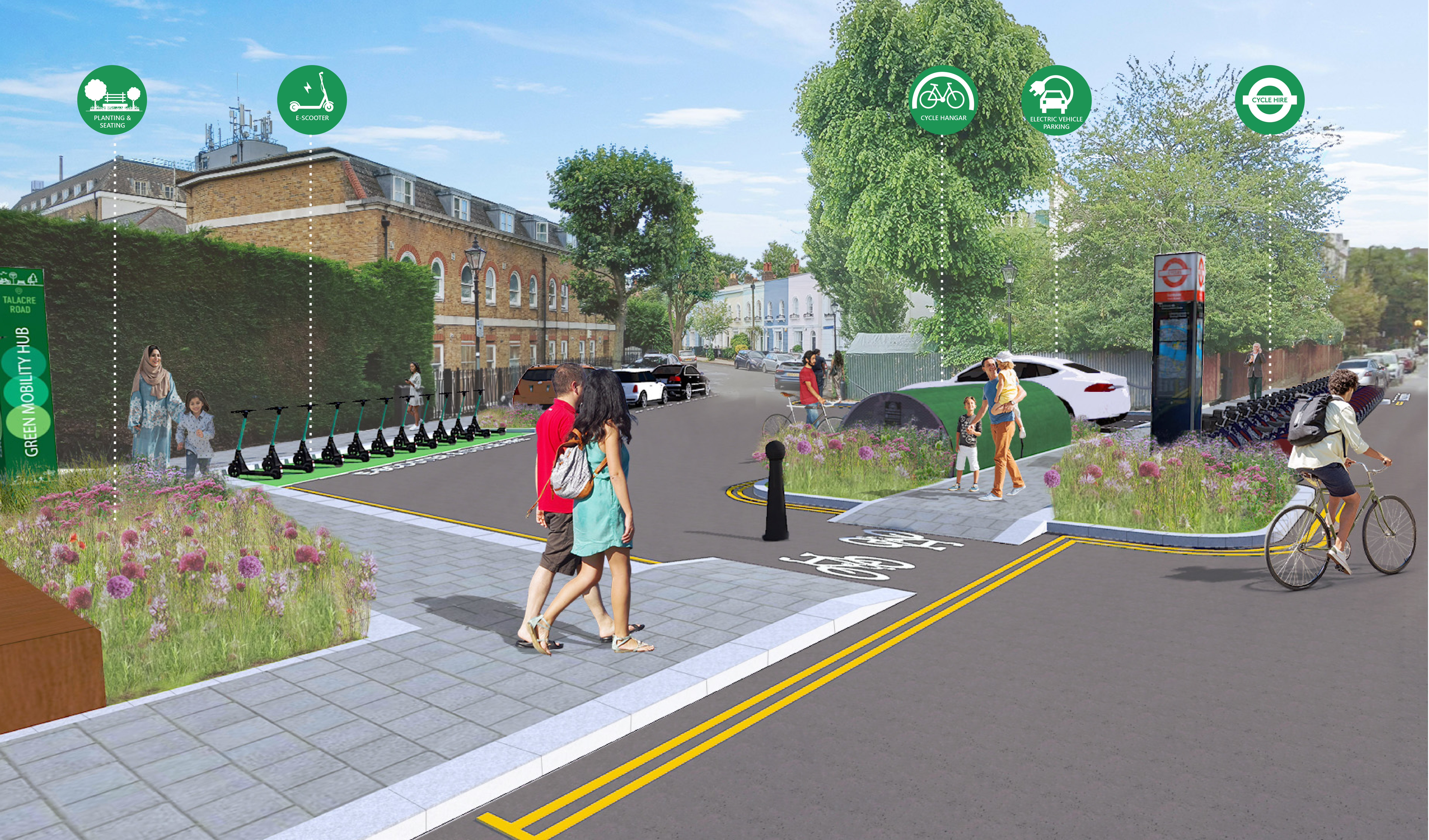 Visualisation of  green mobility hub on Kelly Street with an electric vehicle charging point, planting, scooter and cycle hire and storage space