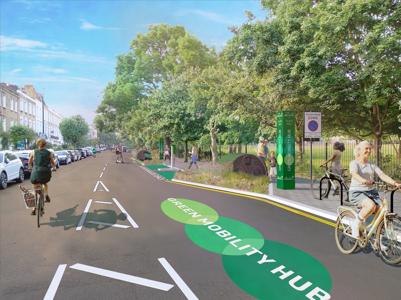 visualisation of a green mobility hub on Talacre Road with planting, bike hangar and people cycling past. 