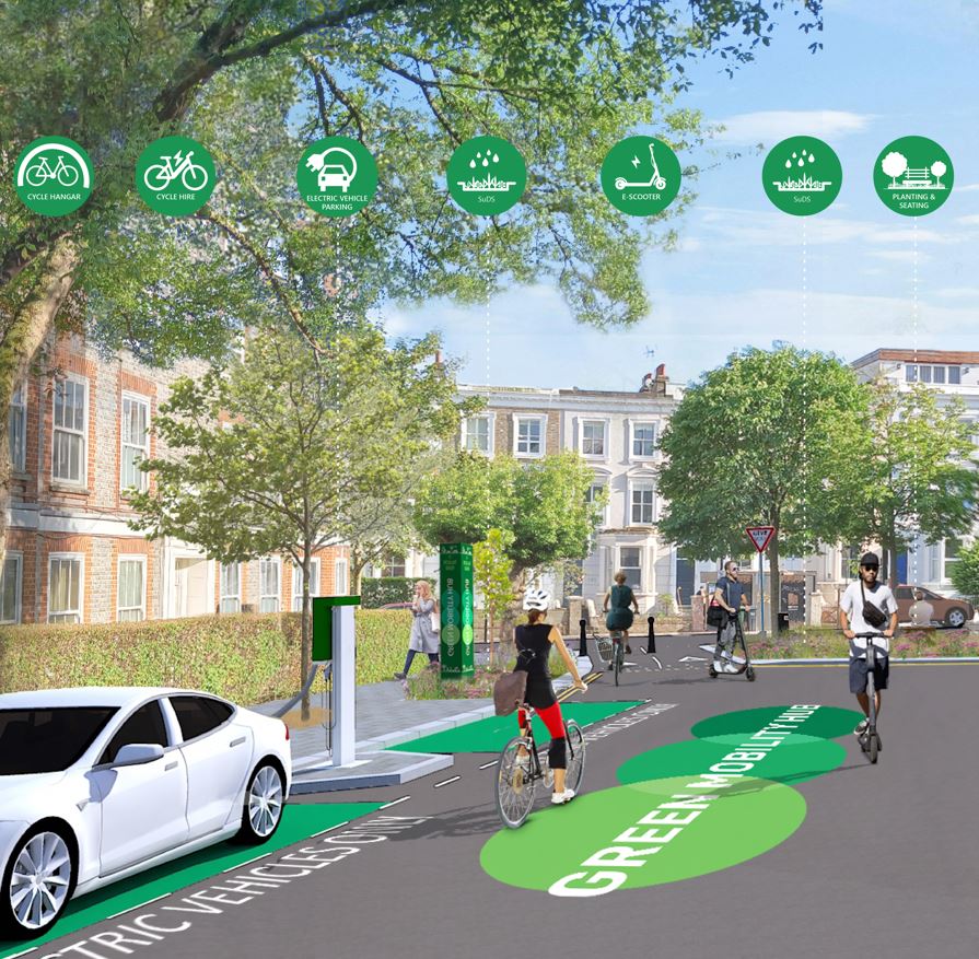 Visualisation of  green mobility hub on Queens Crescent with an electric vehicle charging point, planting, cycle hire and storage space plus places to sit