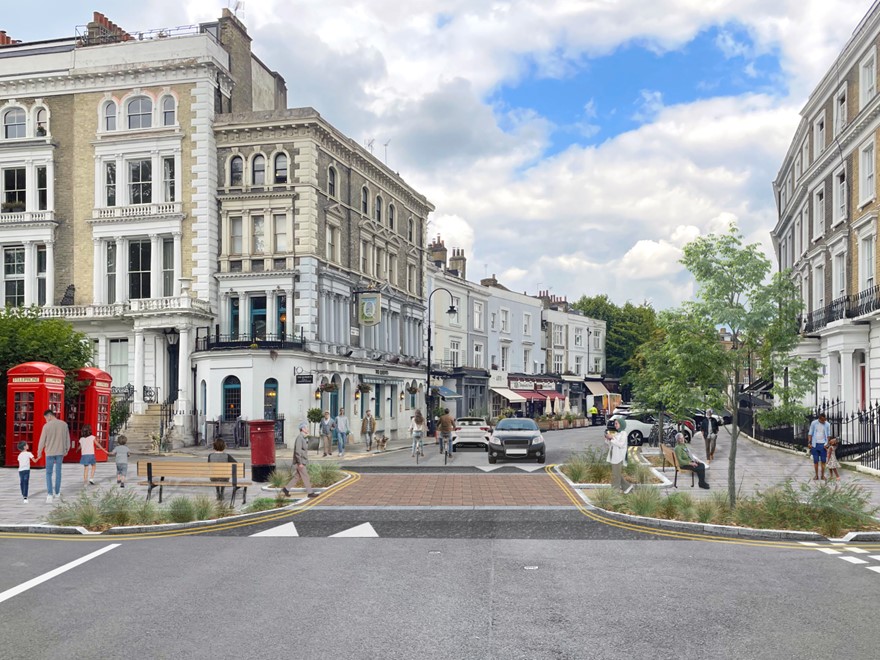 visualisation of the proposed changes including seating, planting, and a raised crossing point