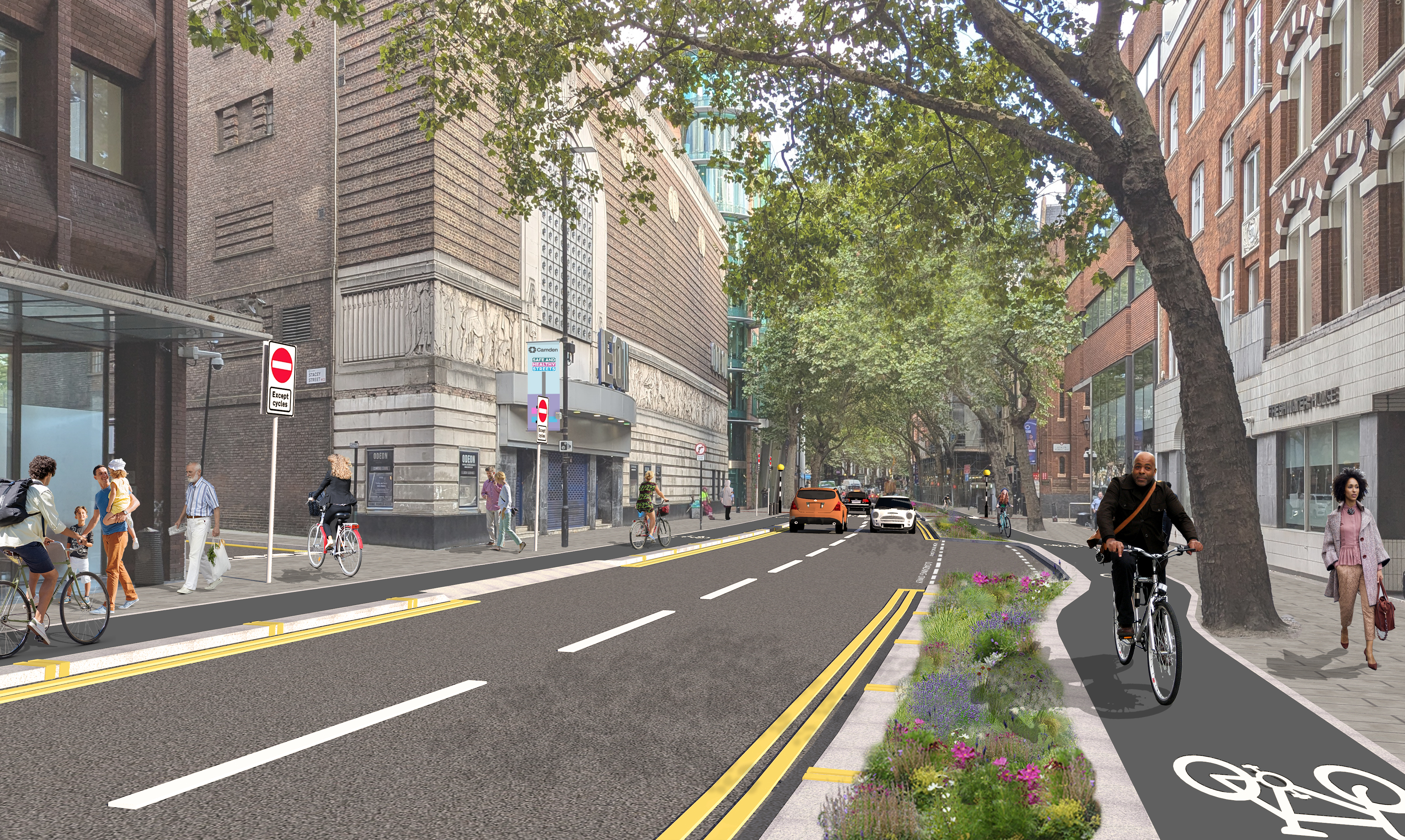 Visualisation of the area with a cycle lane to the right side of the road seperated from traffic by plants 