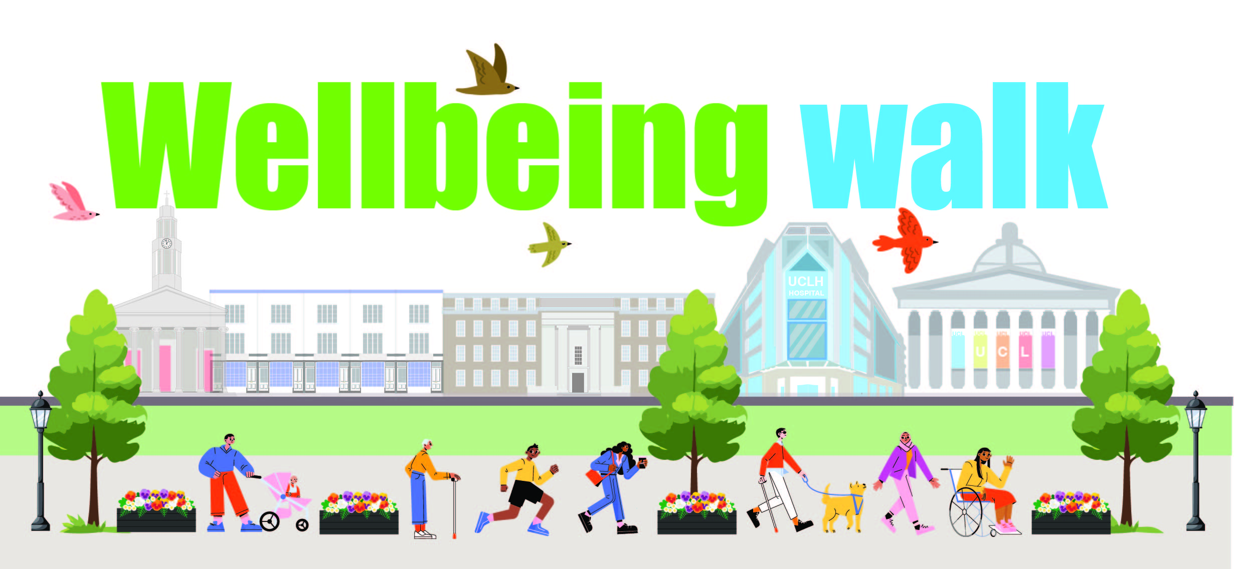 Wellbeing walk logo with cartoon people walking by some Bloomsbury landmarks