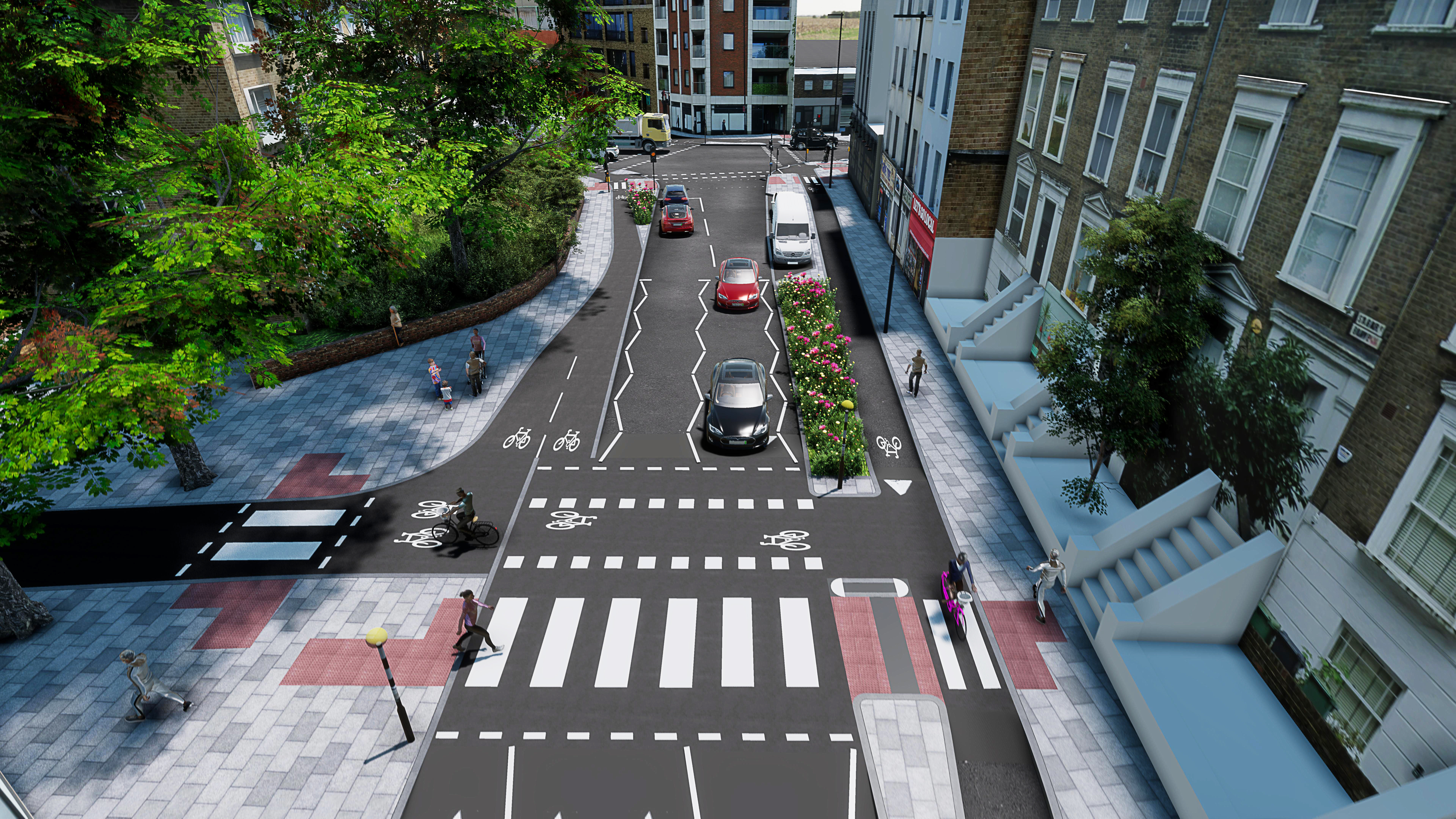 visualisation of the road with a zebra crossing and cycle ways