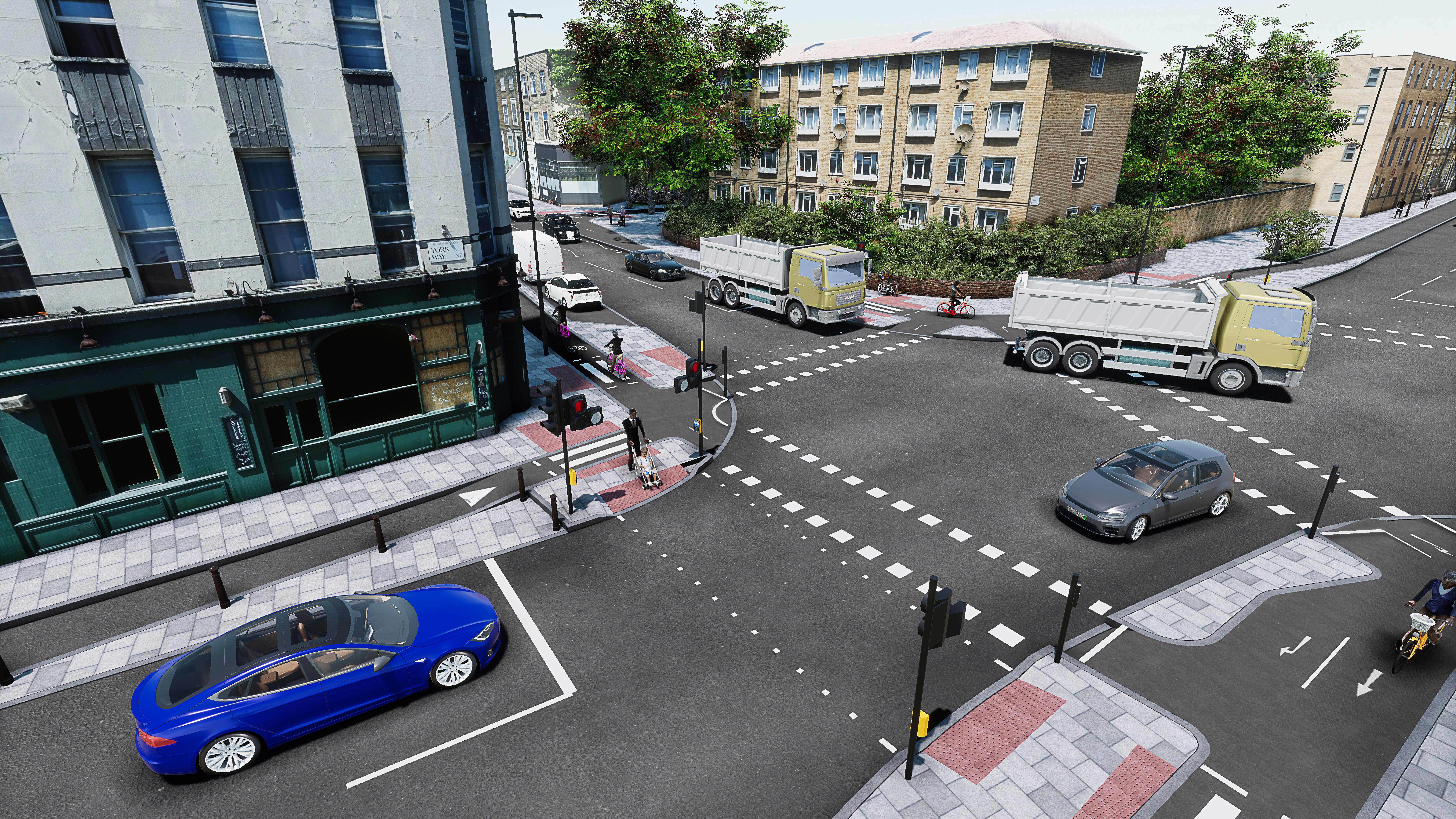 visualisation of the road with crossings for pedestrians and people cycling 